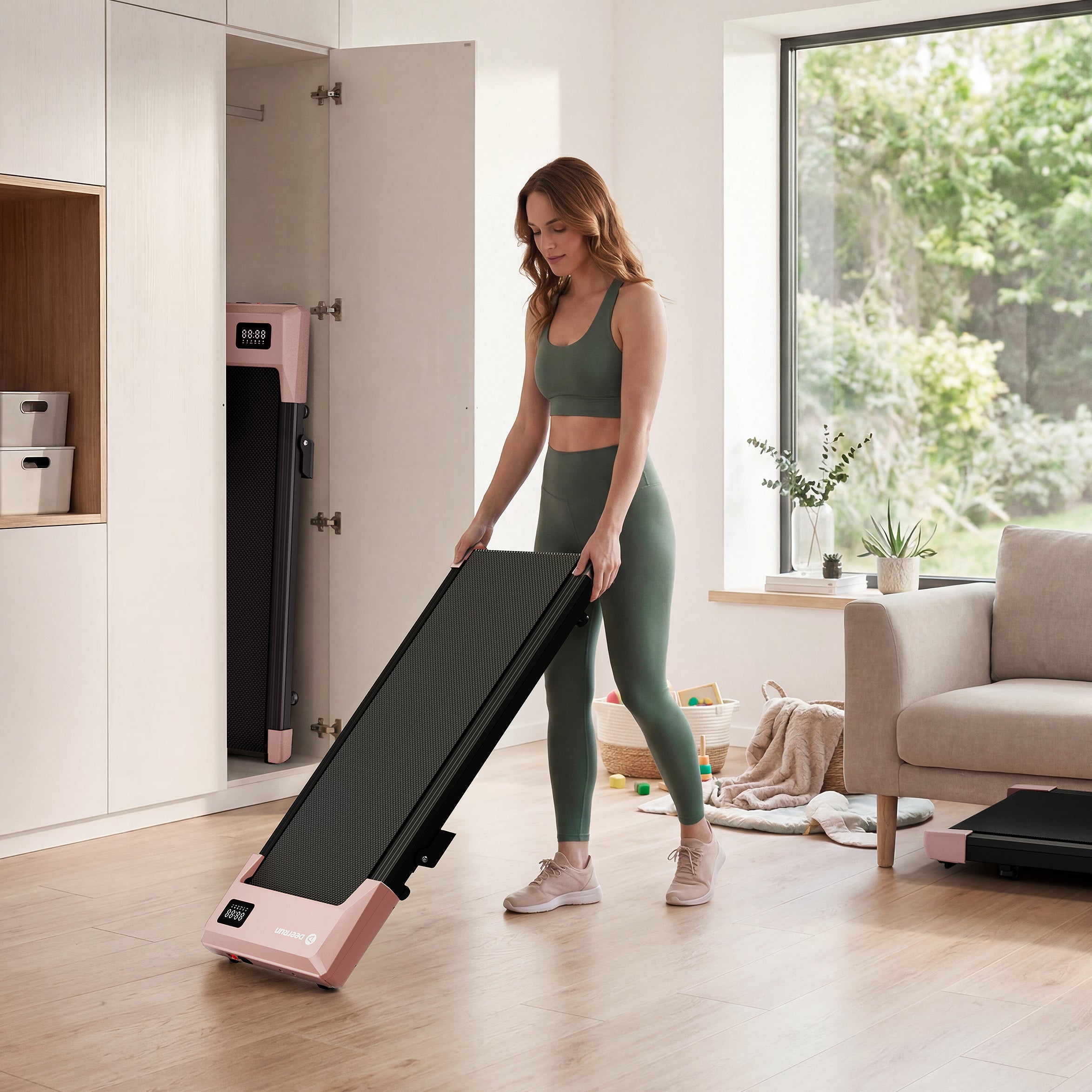 DeerRun Q2 Urban walking pad stored easily in a bright home space