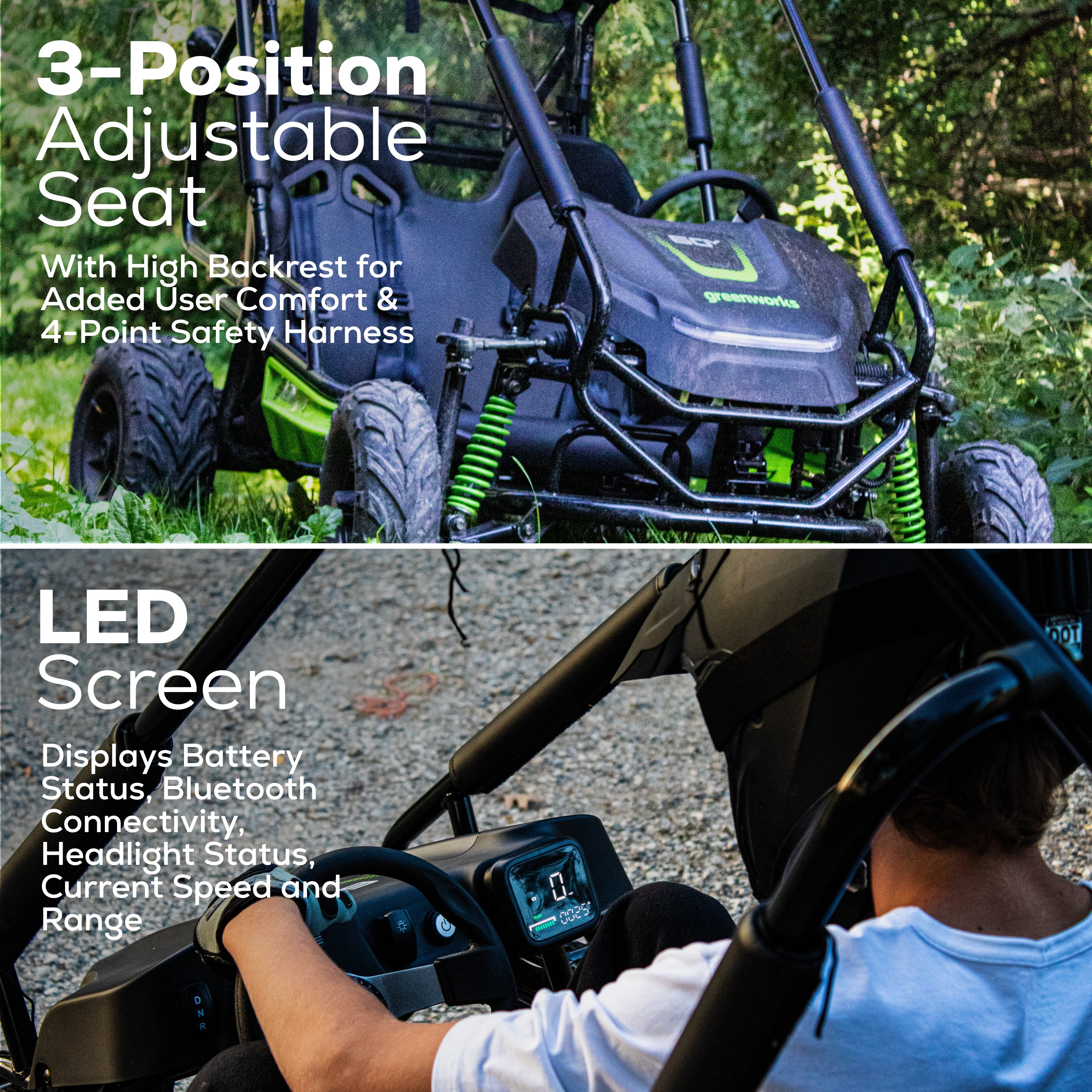 Greenworks 60V Gen 2 STEALTH Series All-Terrain 2-Seat Electric Youth Go-Kart: (2) 8Ah Batteries and Dual-Port Charger