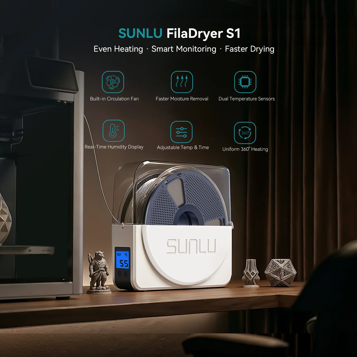SUNLU S1 Plus Filament Dryer and PLA Filament Bundle