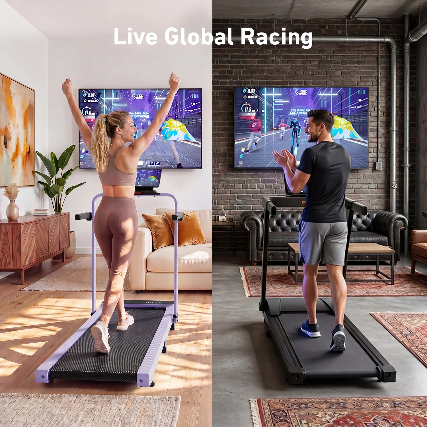 2026 New A6 Plus Handle 5% Incline 2 in 1 Foldable Treadmill with Whole Screen Upgraded Chip & NFC Support | 300 lbs, 7.5 mph, Purple