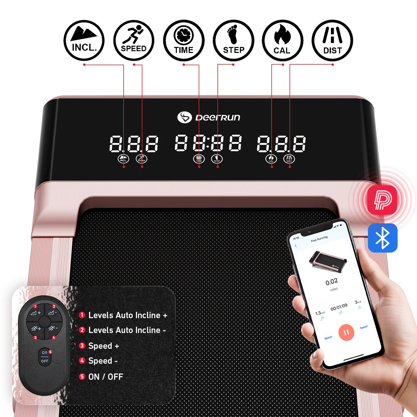 DeerRun Z10 12% Auto Incline Smart Walking Pad Treadmill with remote control Pink-Fat-burning & fitness friendly