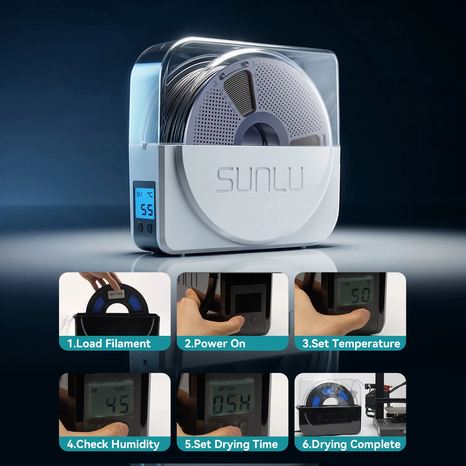 SUNLU S1 Plus Filament Dryer and PLA Filament Bundle