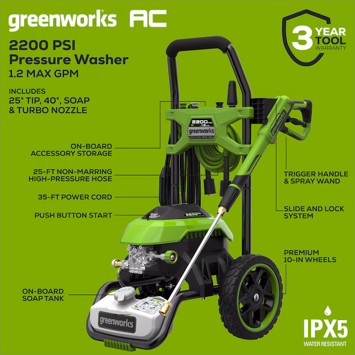 Greenworks 2200-PSI 14 Amp 1.2 GPM Electric Pressure Washer