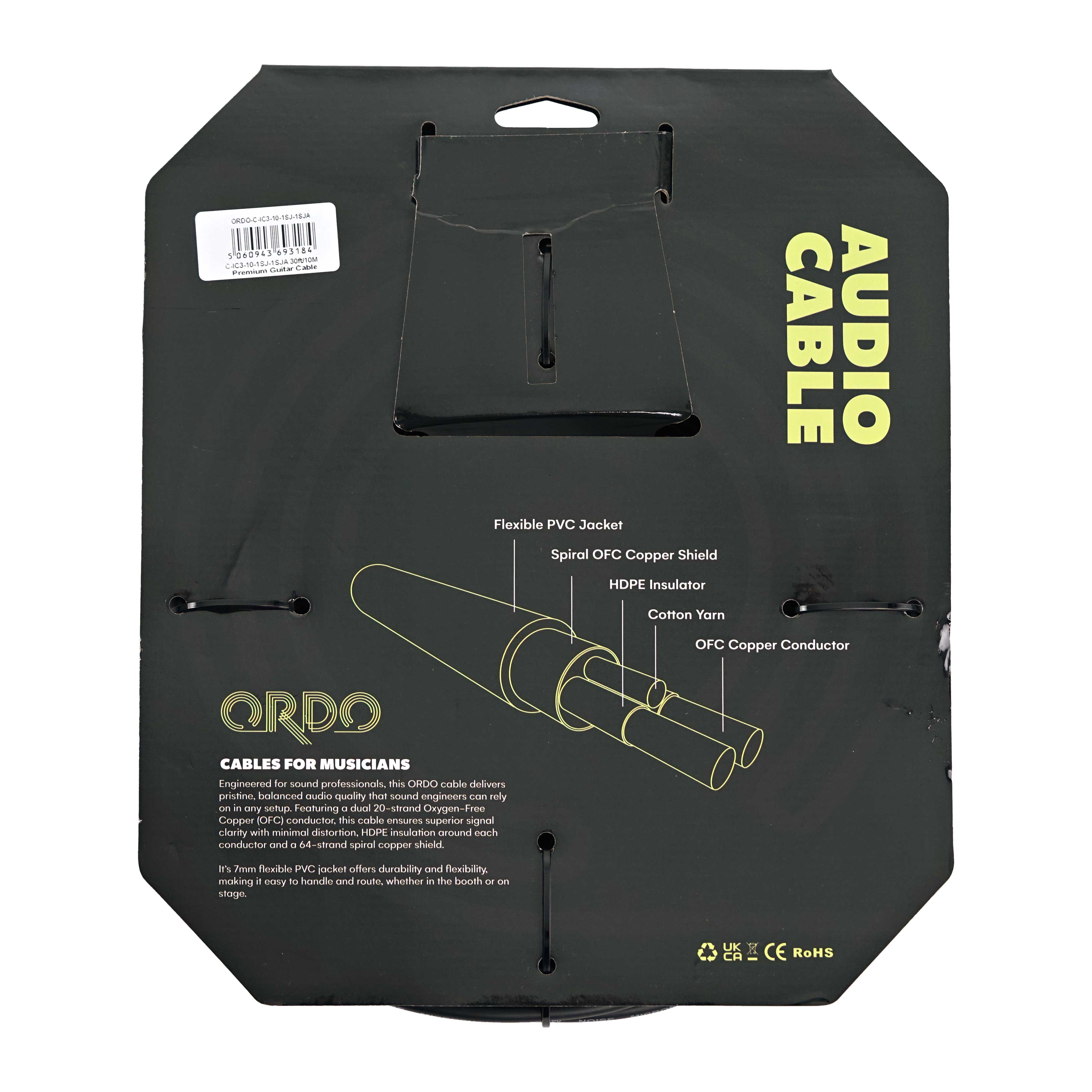 GUITARGUITAR Ordo C-IC3-10-1SJ-1SJA 30ft/10M Premium Angled Stereo Cable with Rean by Neutrik Connectors