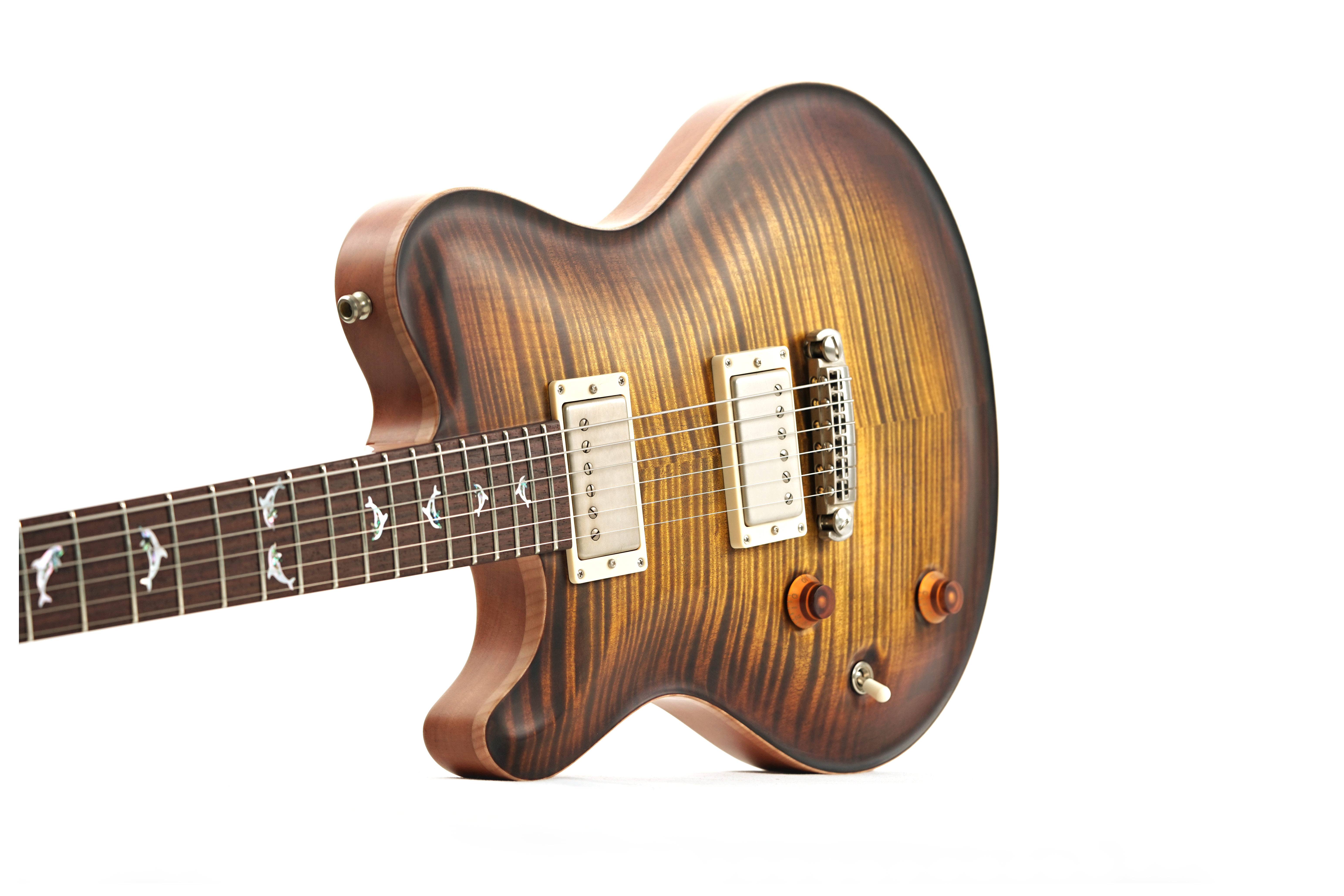 GUITARGUITAR Nik Huber Dolphin II Tigereye Burst Semigloss Finish with Exceptional Curly Maple Top and Dolphin Inlays Left Handed #34638
