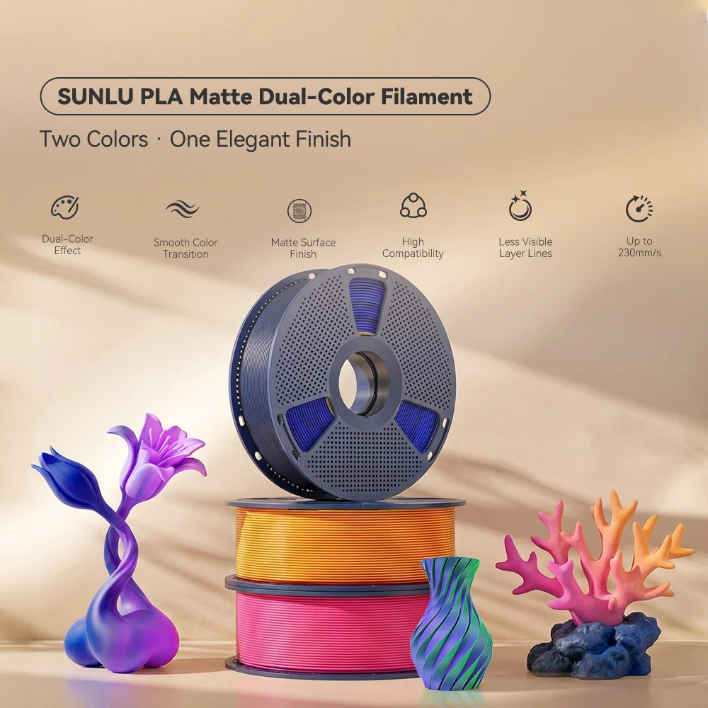 SUNLU Matte PLA Dual-Color 3D Printer Esthenic Filament 1KG, Seamless Two-Tone Shifts & Soft Matte Finish