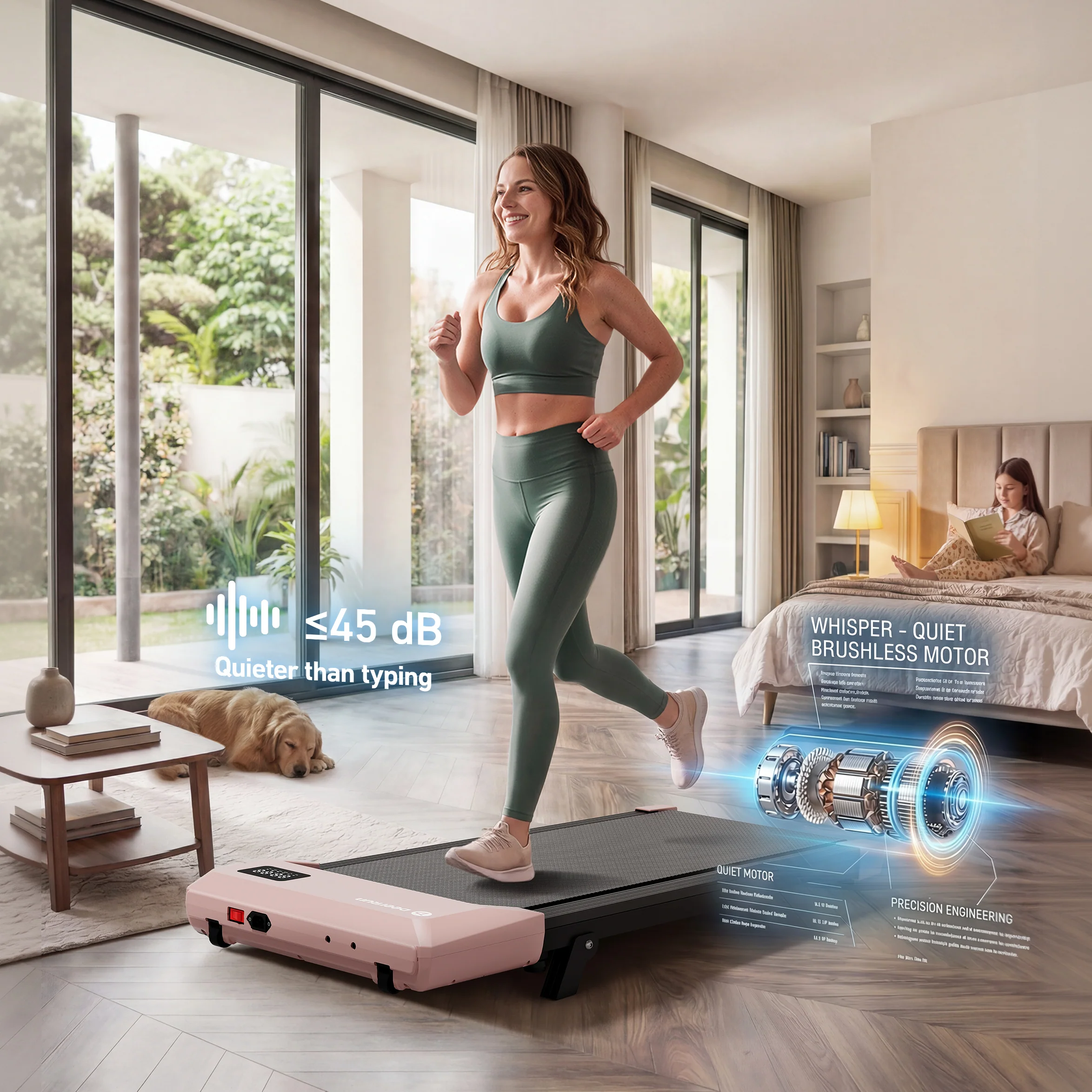 DeerRun Q2 Urban 7% Incline Under-desk Walking Pad with Smart Control | Rose Gold