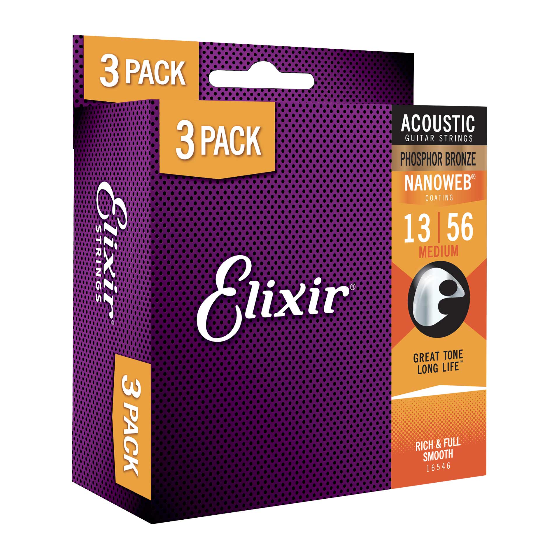 GUITARGUITAR Elixir 3 Pack Acoustic Nanoweb Phosphor Bronze Medium (13-56)