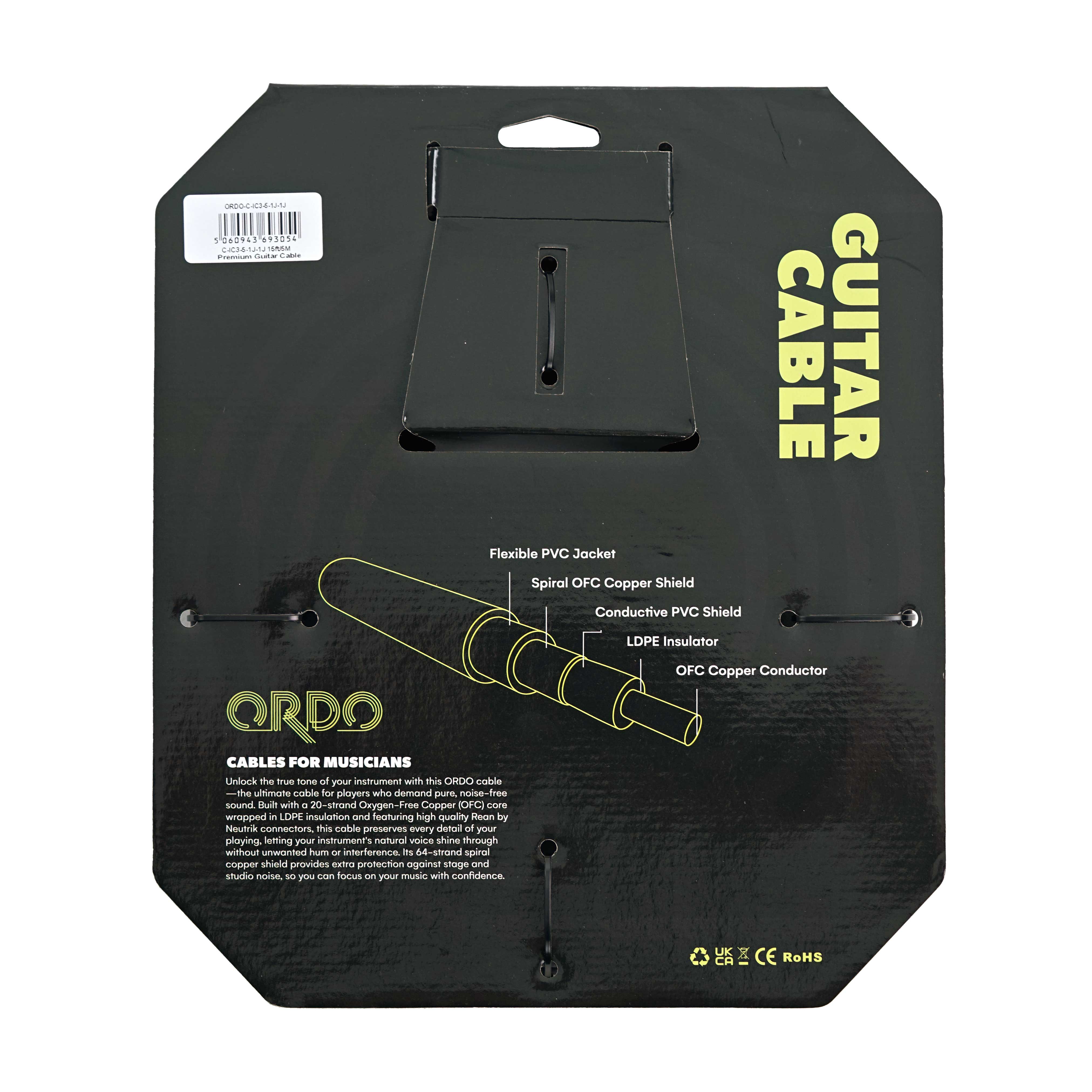 GUITARGUITAR Ordo C-IC3-5-1J-1J 15ft/5m Premium Guitar Cable with Rean by Neutrik Connectors
