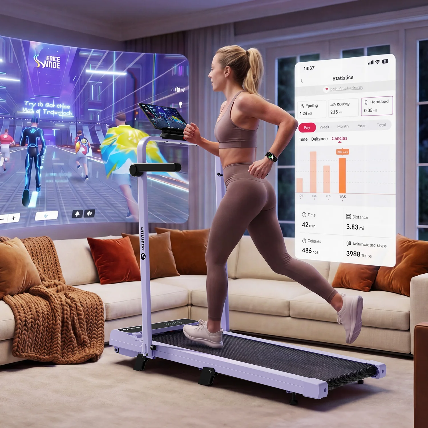 2026 New A6 Plus Handle 5% Incline 2 in 1 Foldable Treadmill with Whole Screen Upgraded Chip & NFC Support | 300 lbs, 7.5 mph, Purple