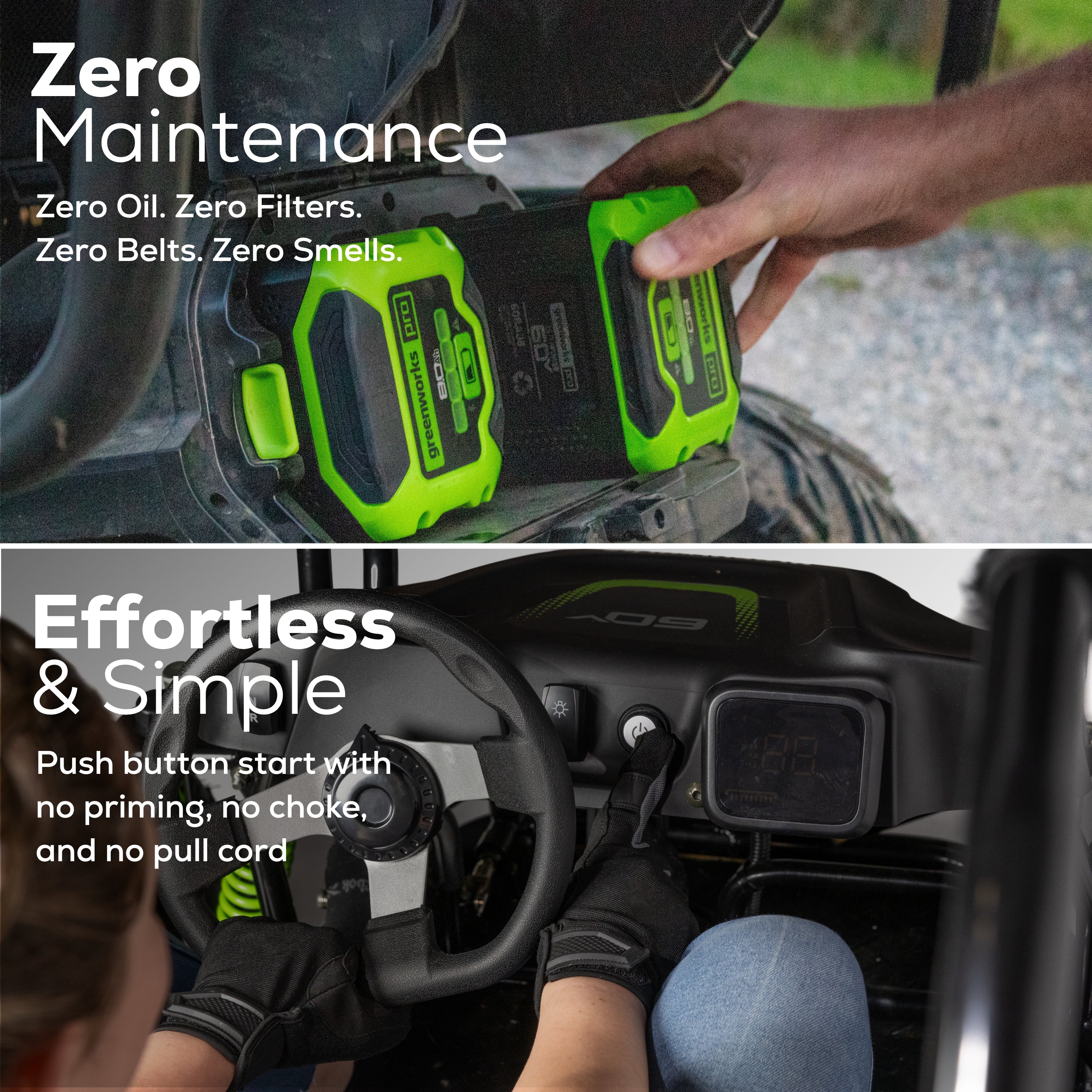 Greenworks 60V Gen 2 STEALTH Series All-Terrain 2-Seat Electric Youth Go-Kart: (2) 8Ah Batteries and Dual-Port Charger