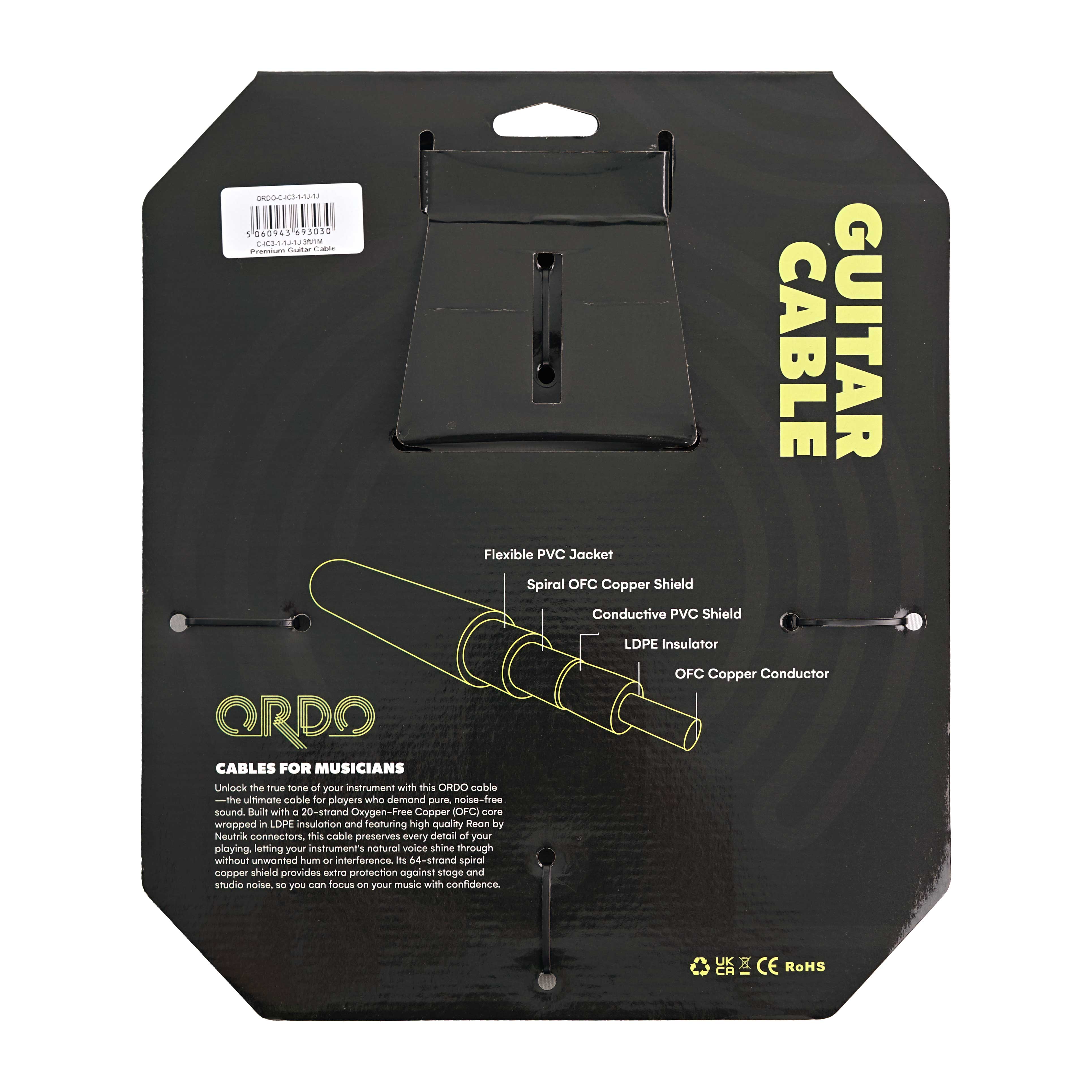 GUITARGUITAR Ordo C-IC3-1-1J-1J 3ft/1m Premium Guitar Cable with Rean by Neutrik Connectors