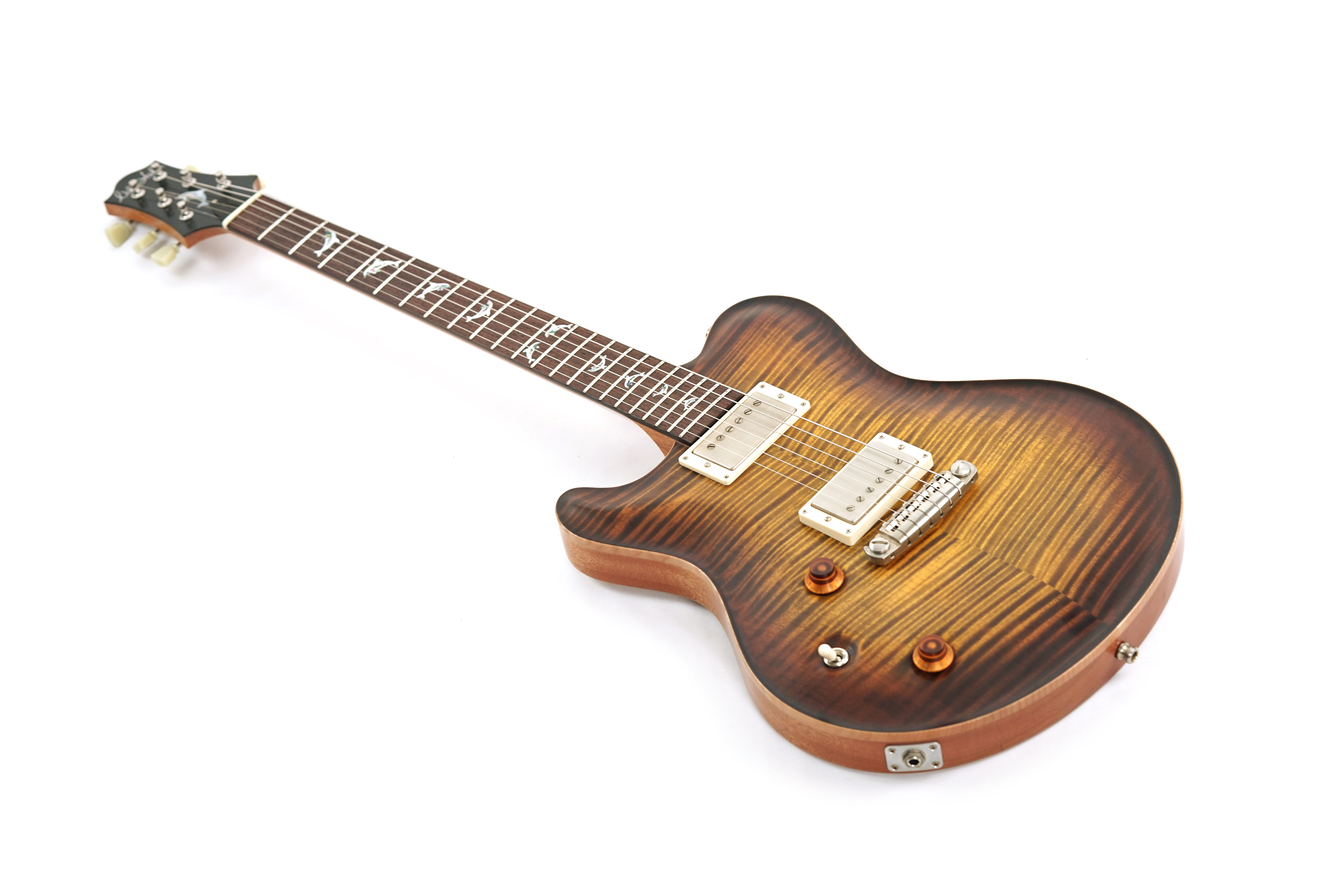 GUITARGUITAR Nik Huber Dolphin II Tigereye Burst Semigloss Finish with Exceptional Curly Maple Top and Dolphin Inlays Left Handed #34638