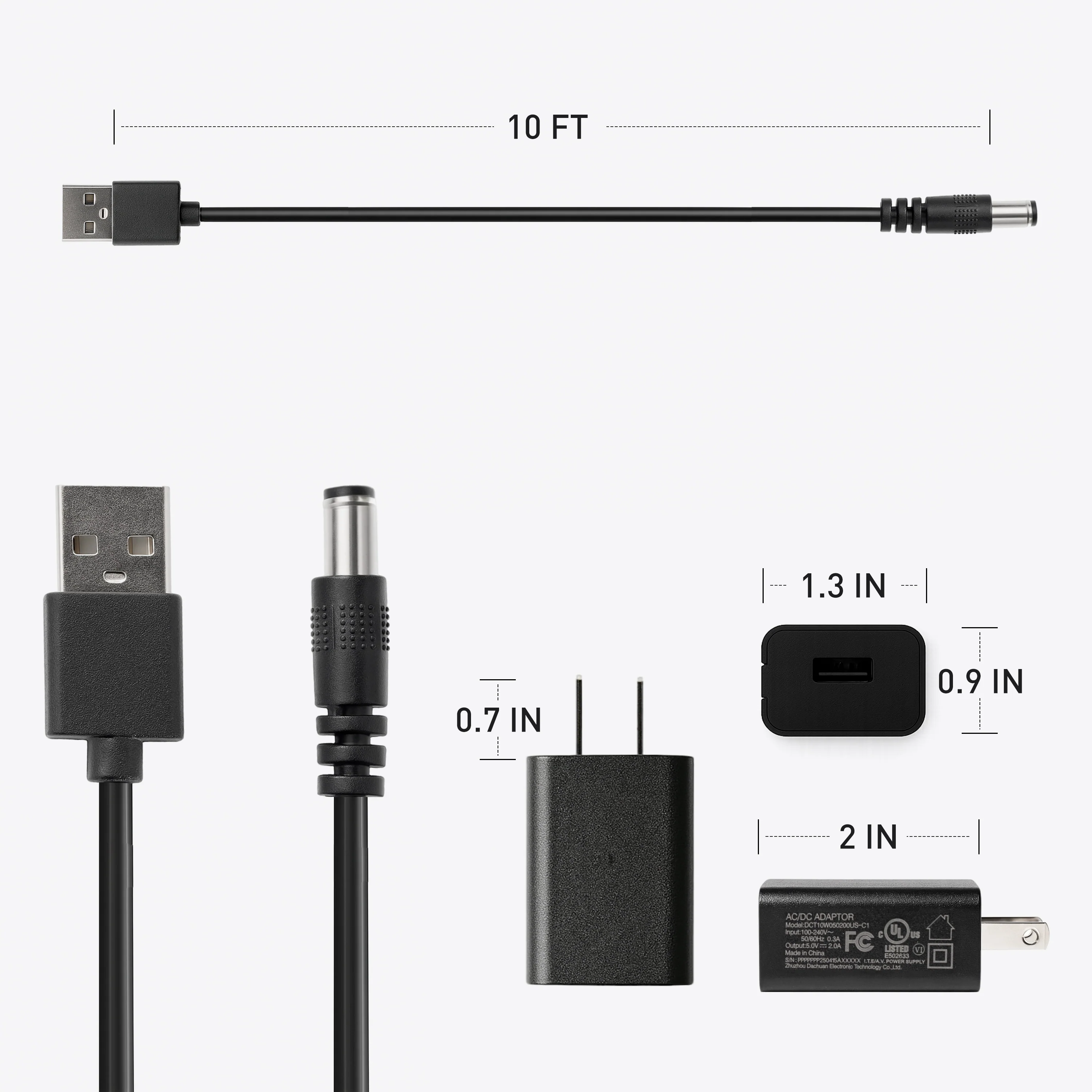 DeerRun® Bike Extension Cord, 10 ft, 5V 2A, with Adapter