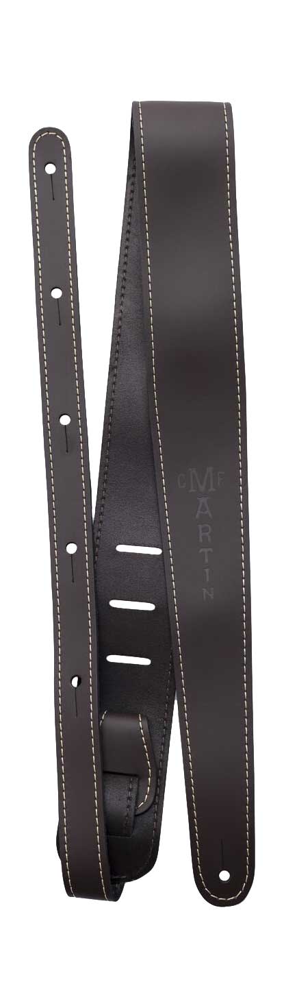 GUITARGUITAR Martin 2 1/4 Inch Brown Leather Strap with Stitching & Embossed Martin Logo Slim