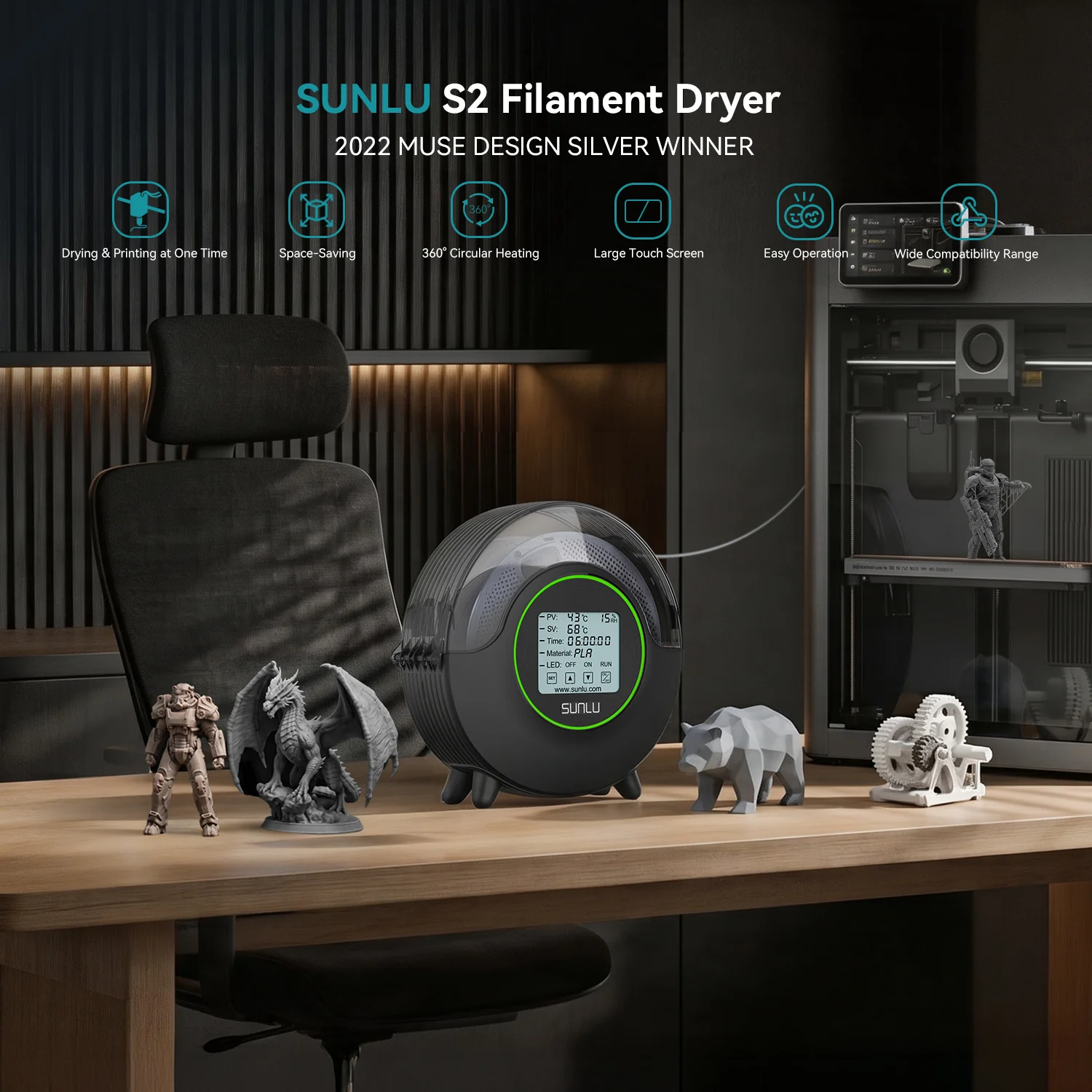 SUNLU S2 Filament Dryer, 360° Surround Heating During 3D Printing