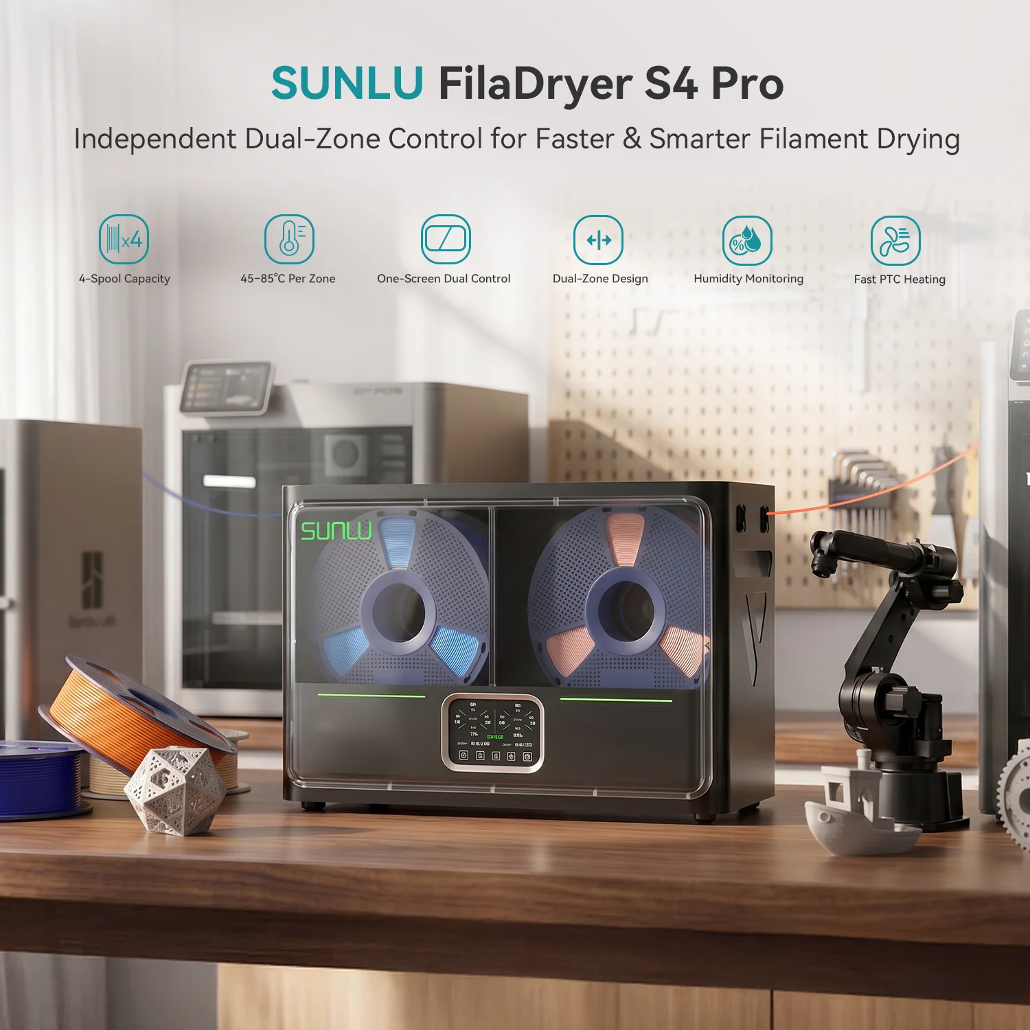SUNLU FilaDryer S4 Pro, Dual-Zone Filament Dryer with Independent Temperature & Time Control, 85℃ Max Temperature, Drying & Annealing 2-in-1, Fits 4 × 1kg Filament Spools