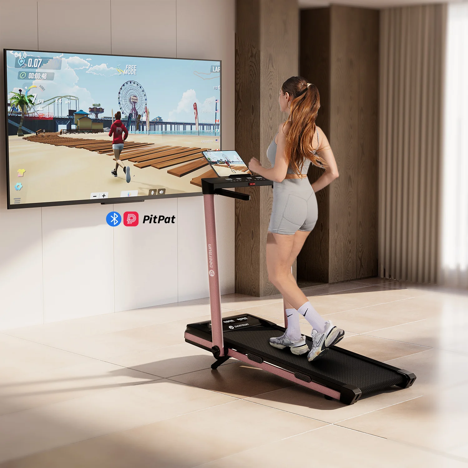 DeerRun Z10 Pro Muse Type 2 in 1 Foldable Treadmill with Remote Control, 12% Auto Incline, Pink