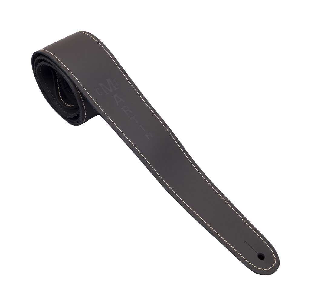 GUITARGUITAR Martin 2 1/4 Inch Brown Leather Strap with Stitching & Embossed Martin Logo Slim