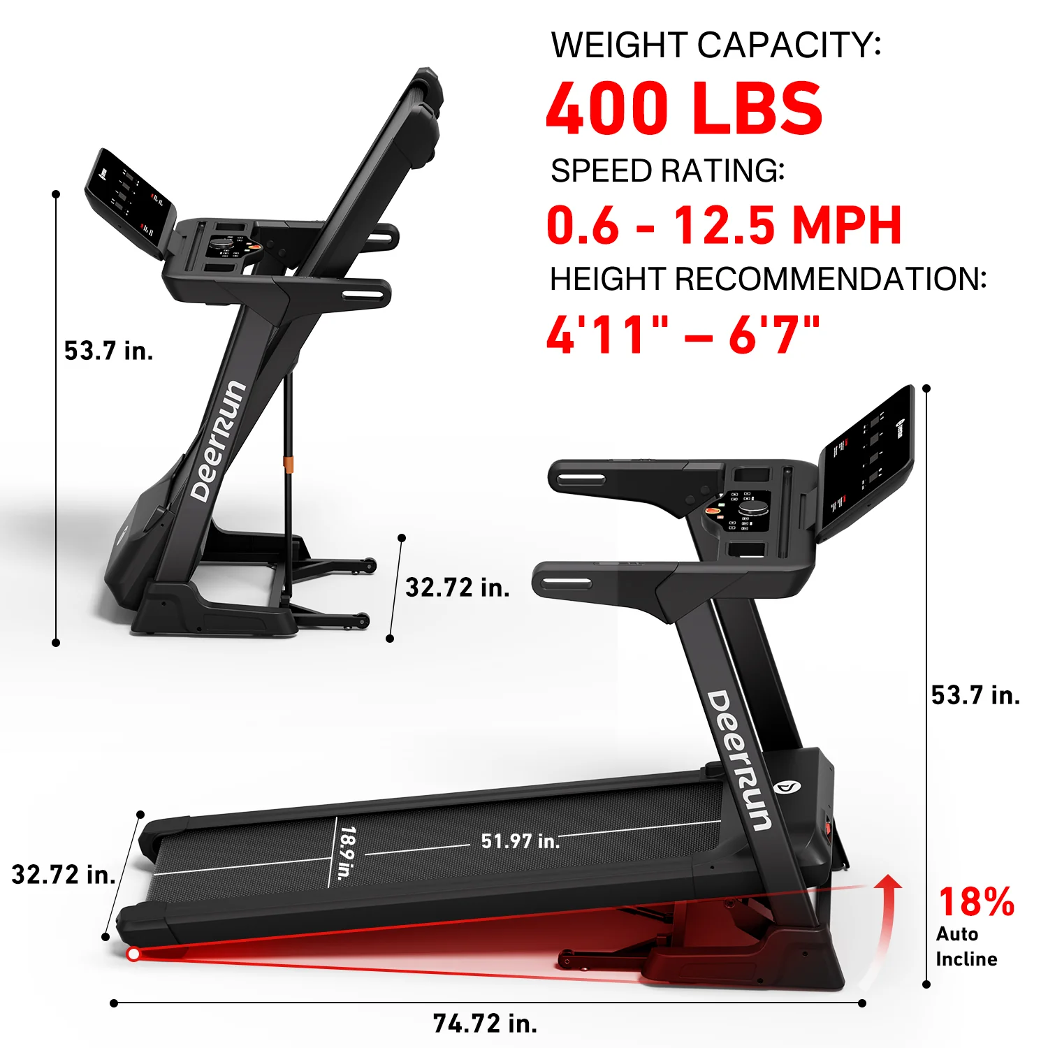 DeerRun X50 18% Auto Incline Big Screen AI Coach Smart Treadmill | 12.5 mph, 400 lbs Capacity