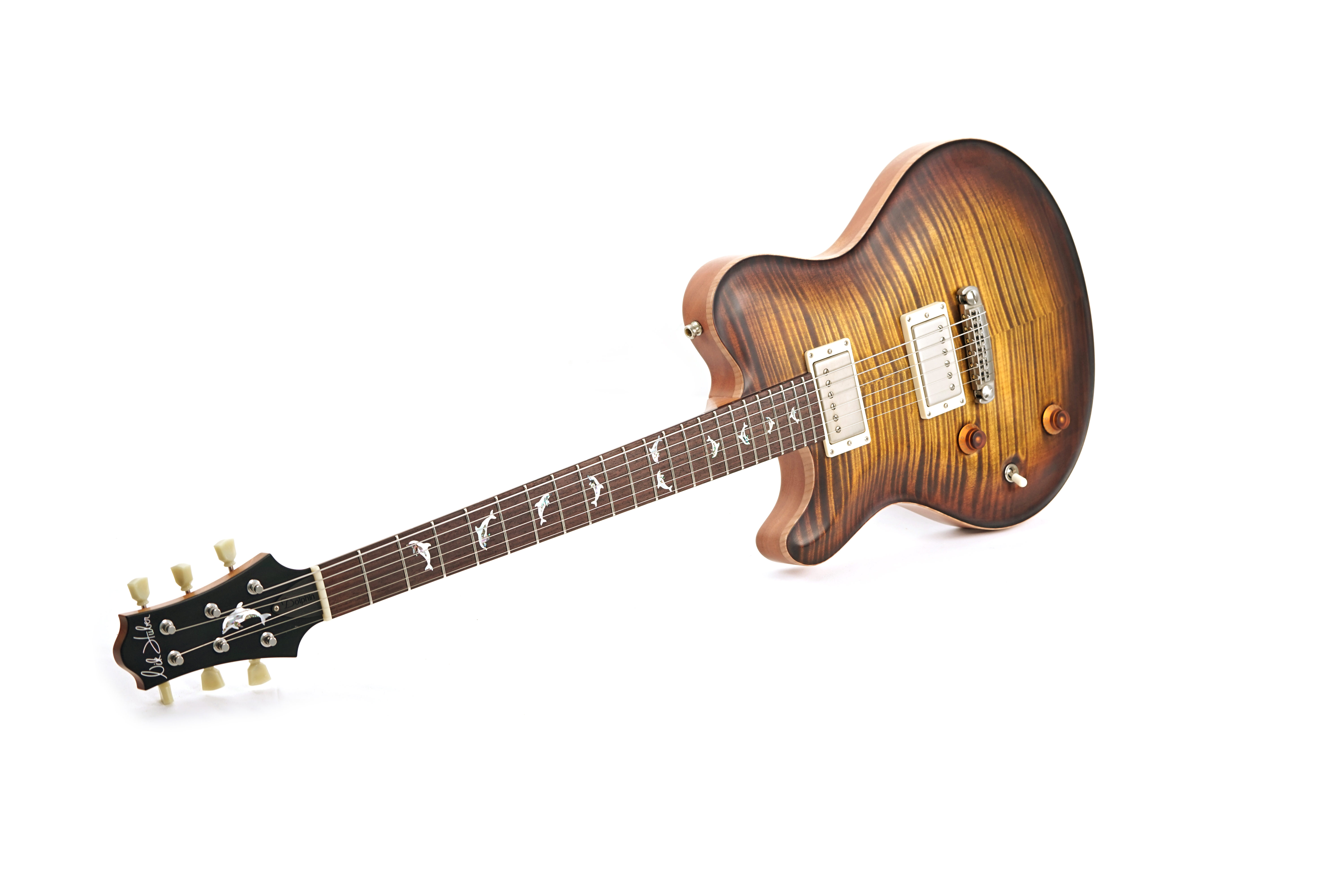 GUITARGUITAR Nik Huber Dolphin II Tigereye Burst Semigloss Finish with Exceptional Curly Maple Top and Dolphin Inlays Left Handed #34638