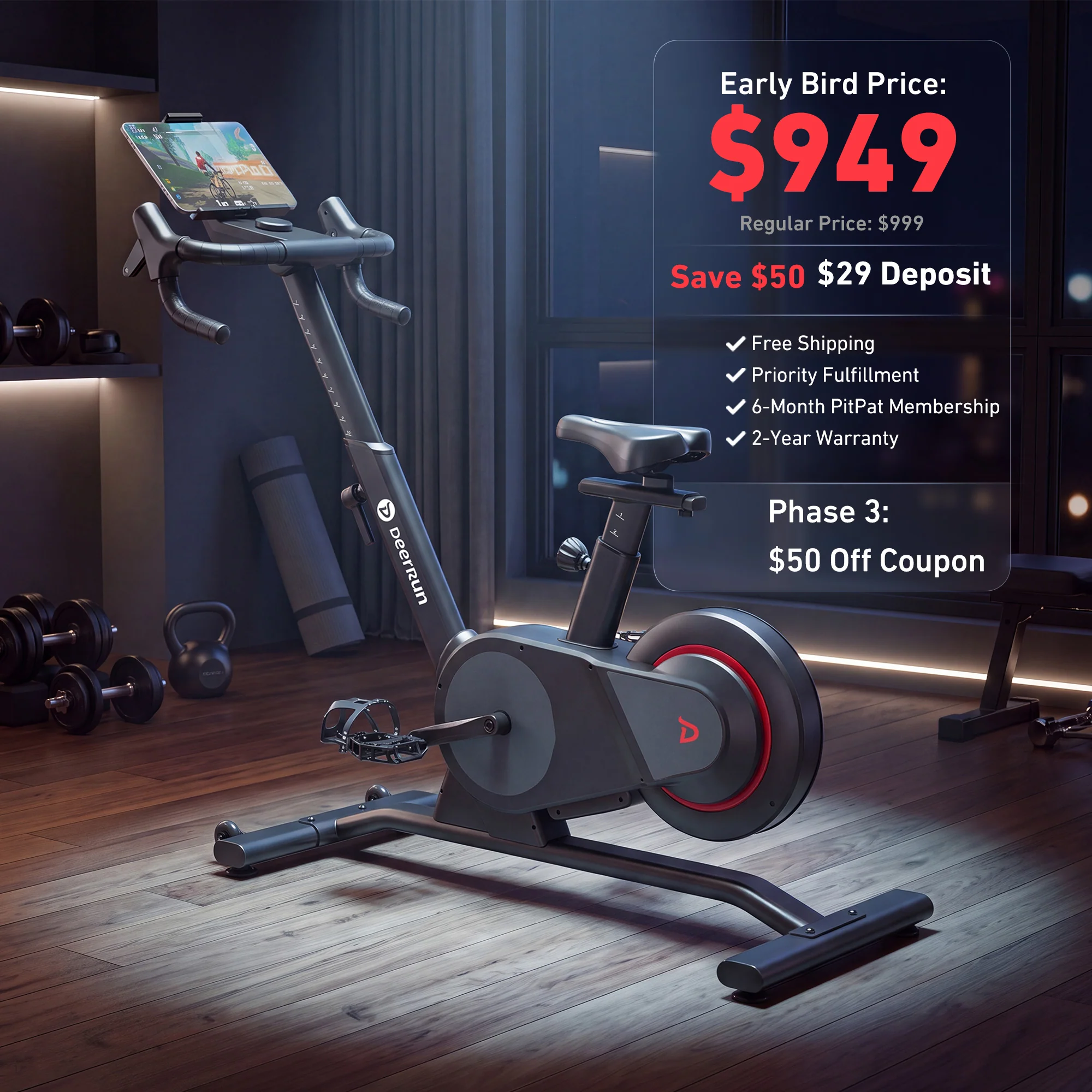 DeerRun Velix Base 1 Real-Road Smart Indoor Bike - 24-Speed Shifting, 999 Interactive Resistance