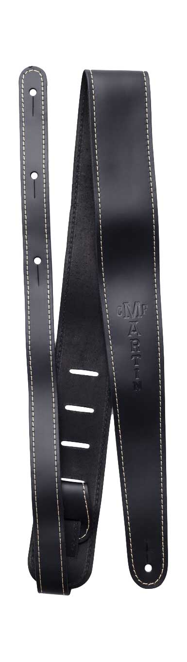GUITARGUITAR Martin 2 1/4 Inch Black Leather Strap with Stitching & Embossed Martin Logo Slim