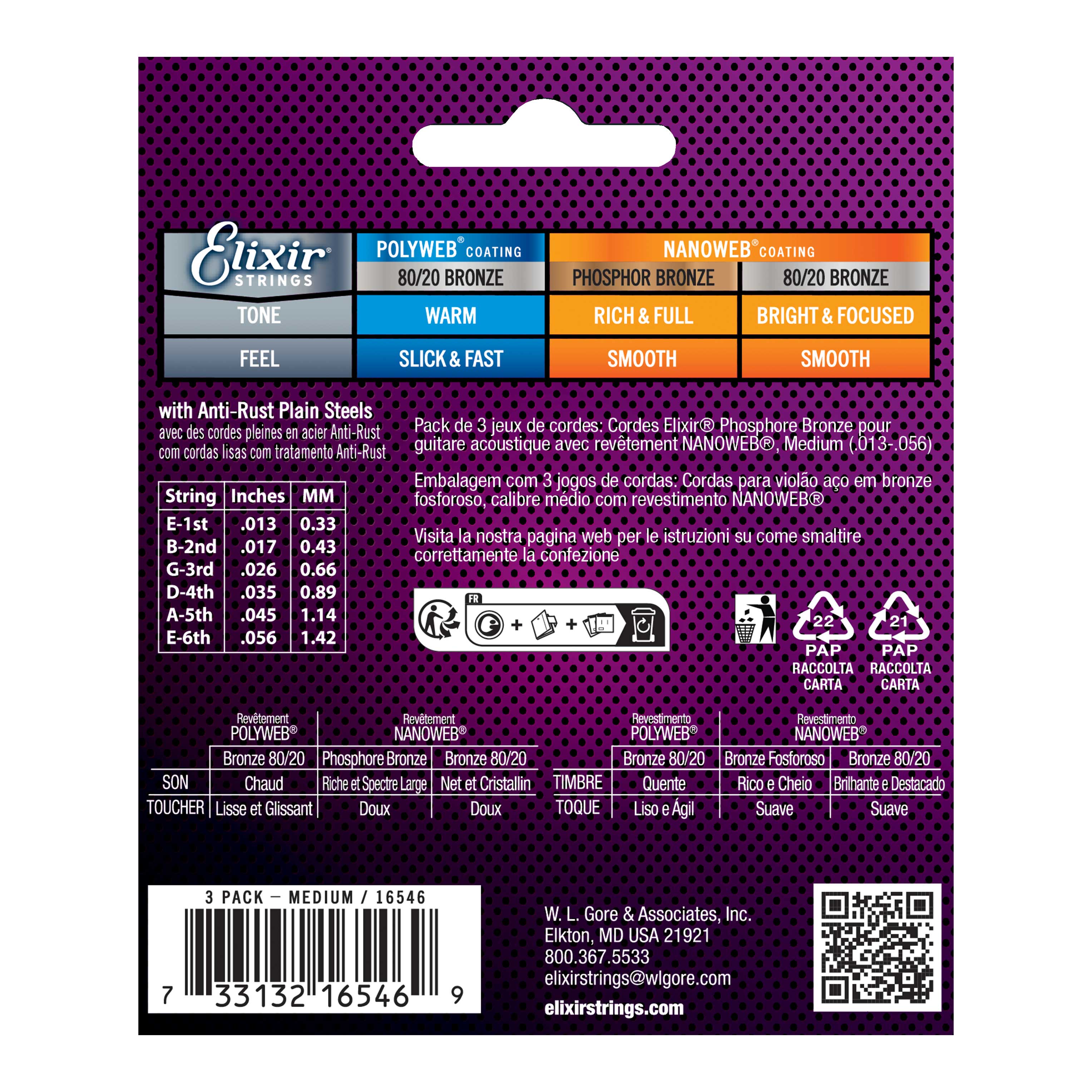 GUITARGUITAR Elixir 3 Pack Acoustic Nanoweb Phosphor Bronze Medium (13-56)