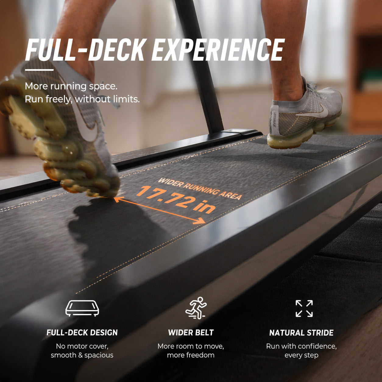 DeerRun X20 full-deck treadmill running area for confident home running
