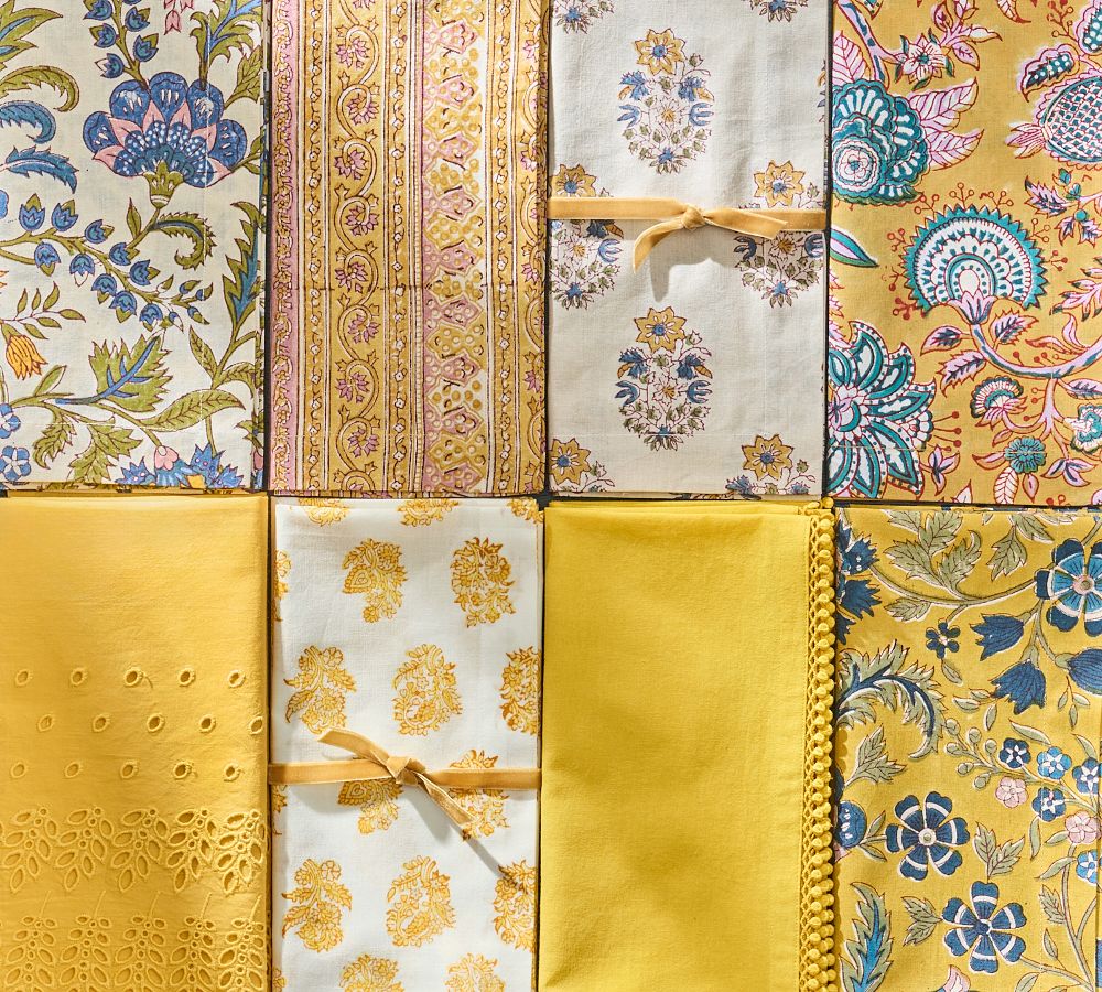 Pottery Barn Block Print Organic Cotton Napkins - Mixed Set of 4