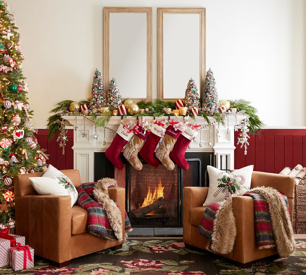 Pottery Barn Candy Cane Embroidered Pillow