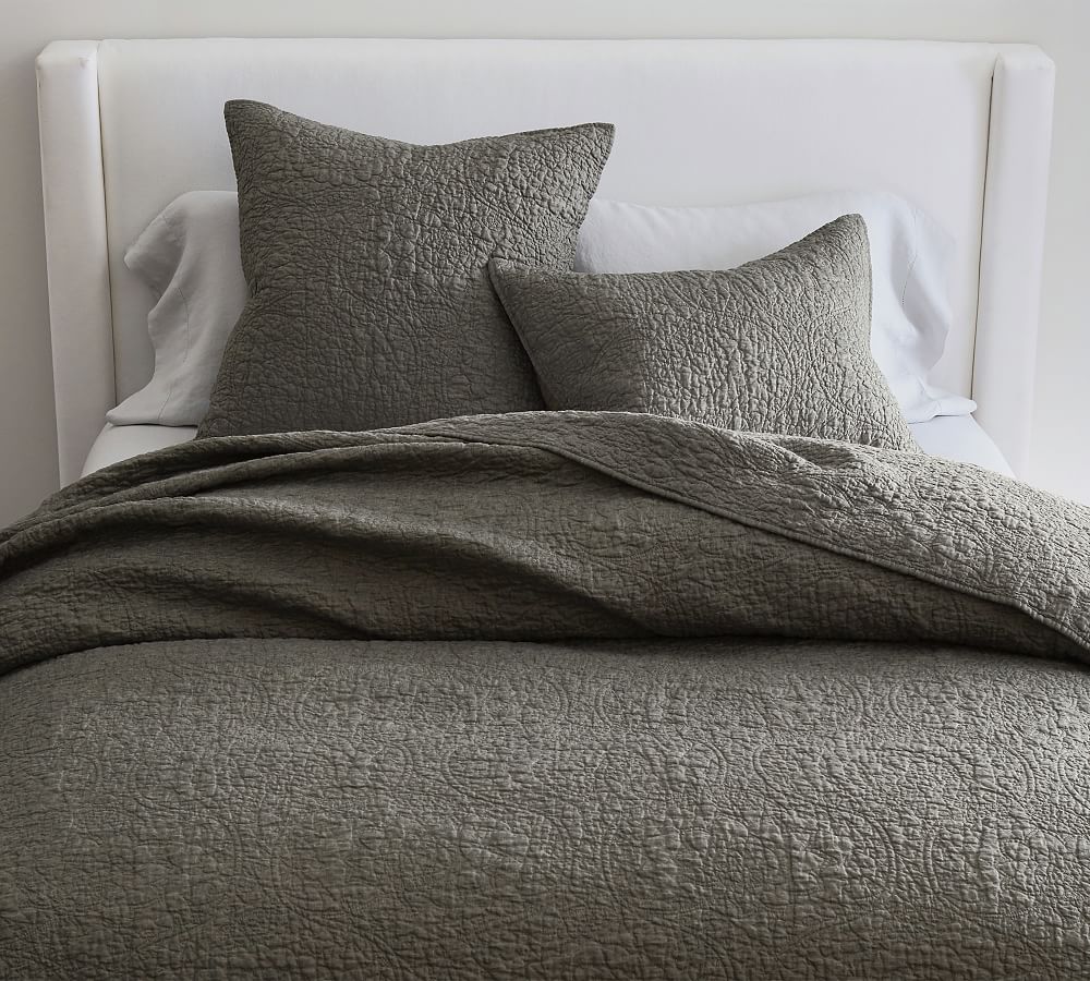 Pottery Barn Belgian Flax Linen Floral Stitch Quilt