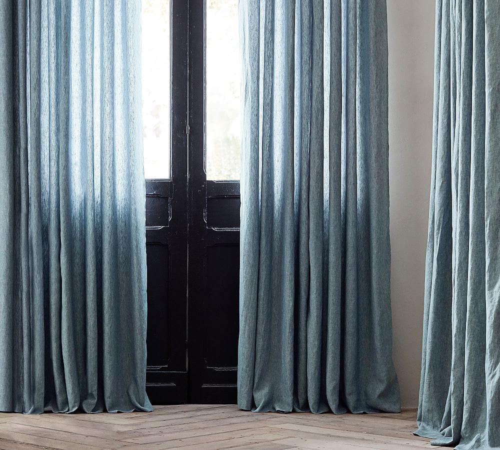 Pottery Barn Custom Belgian Flax Linen Blackout Curtain - Blue Chambray