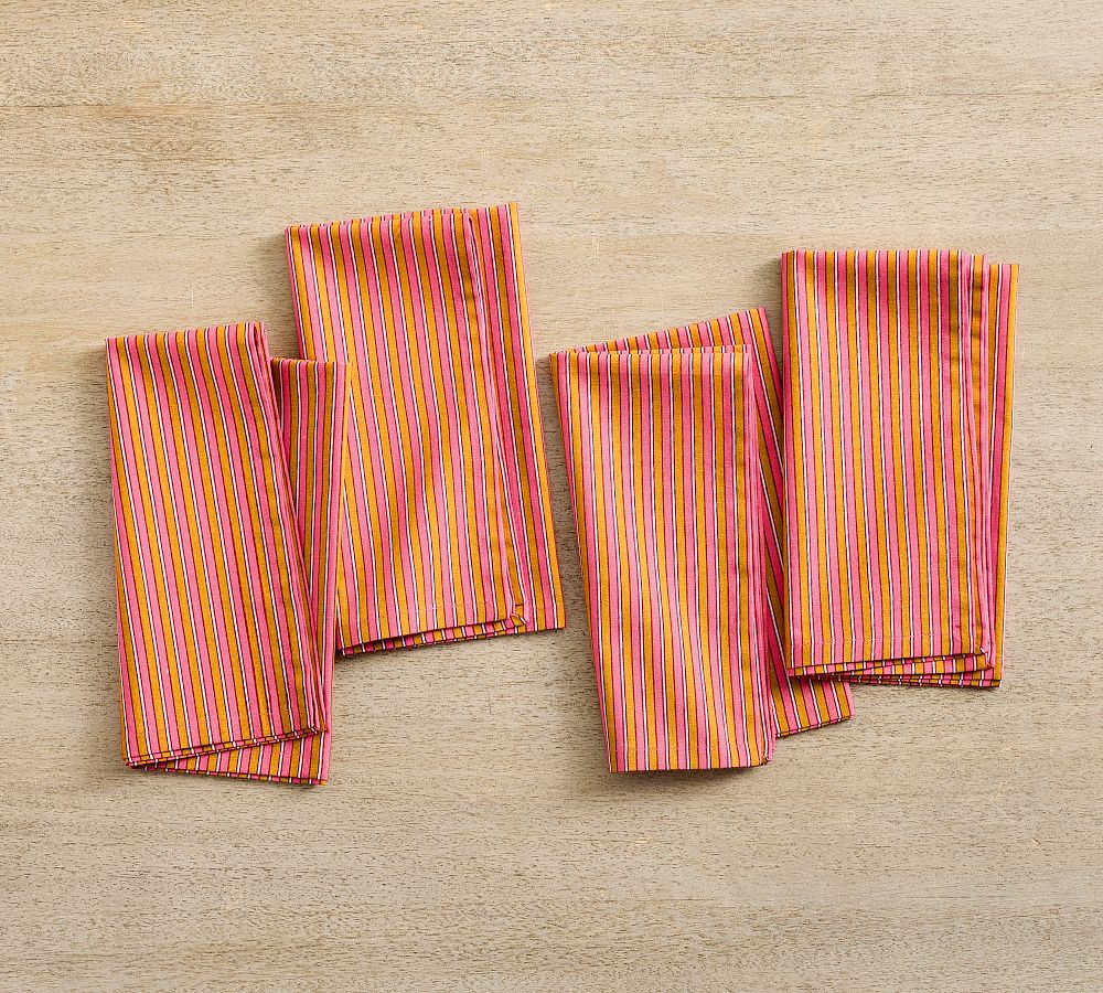 Pottery Barn Zeena Stripe Block Print Cotton Napkins - Set of 4