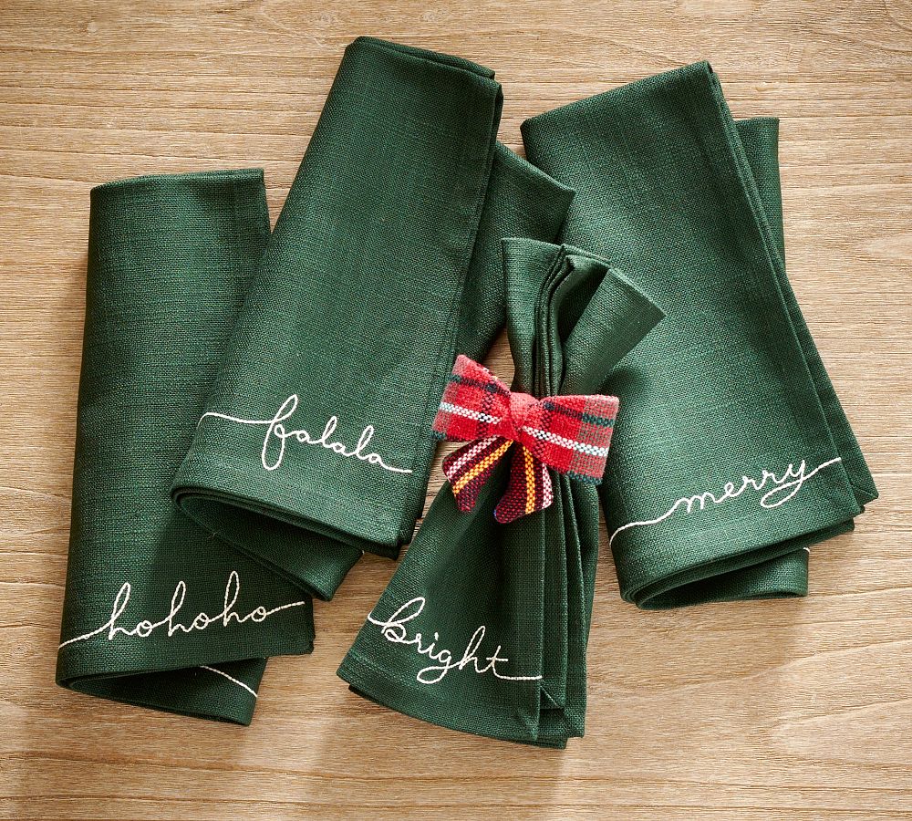 Pottery Barn Holiday Sentiment Organic Cotton Napkins - Set of 4