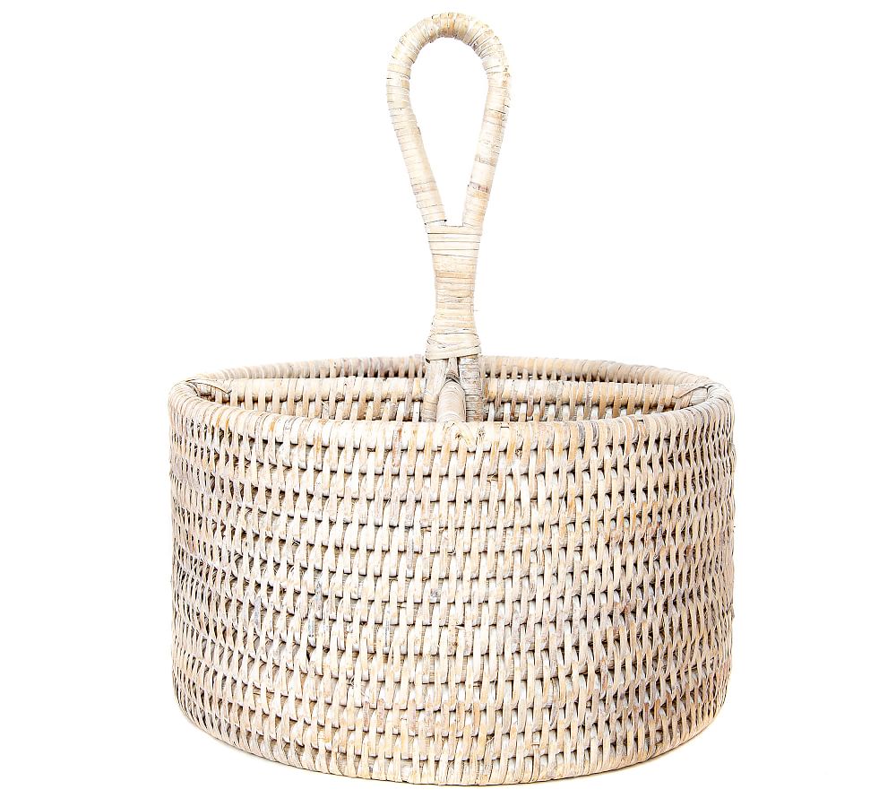 Pottery Barn Tava Handwoven Rattan Round Flatware Caddy
