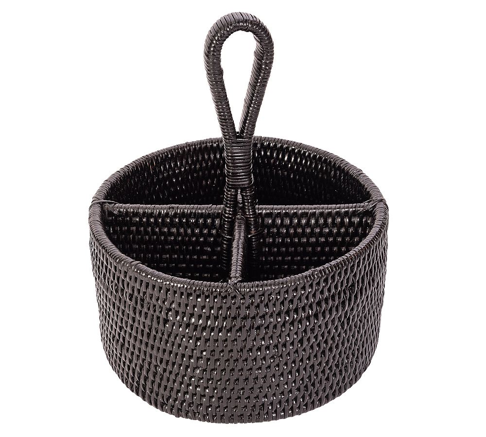 Pottery Barn Tava Handwoven Rattan Round Flatware Caddy