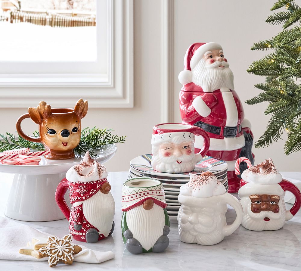 Pottery Barn Santa Claus Ceramic Mugs - White Glaze