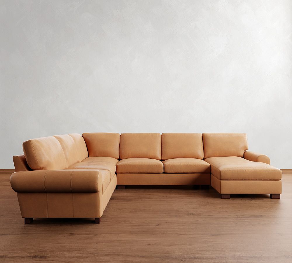 Pottery Barn Turner Roll Arm Leather 4-Piece Chaise Sectional (140"-144")