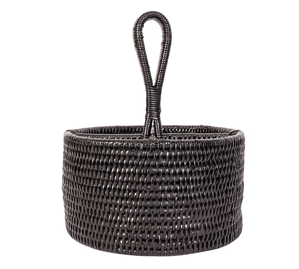 Pottery Barn Tava Handwoven Rattan Round Flatware Caddy