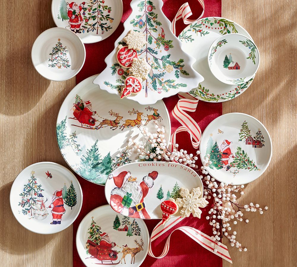 Pottery Barn Christmas in the Country Santa Stoneware Salad Plates - Mixed Set of 4