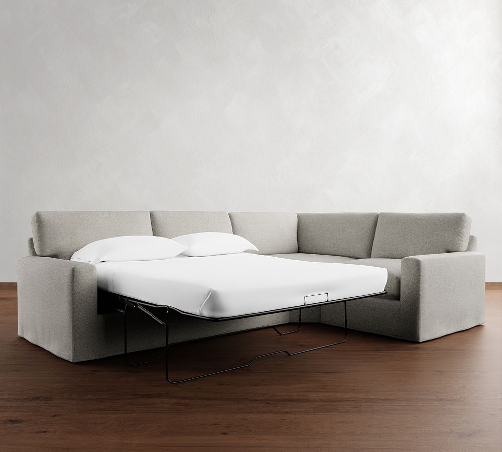 Pottery Barn PB Comfort Modern Square Arm Slipcovered 3-Piece Wedge Sleeper Sectional (119")
