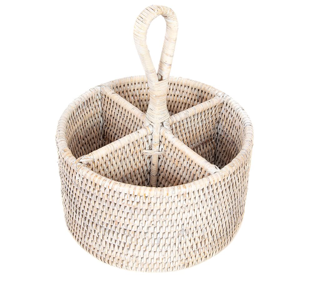 Pottery Barn Tava Handwoven Rattan Round Flatware Caddy
