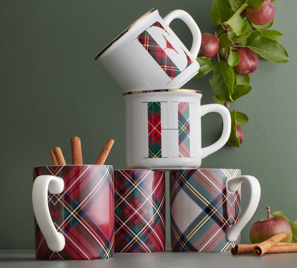 Pottery Barn Stewart Plaid Stoneware Mugs - Set of 4