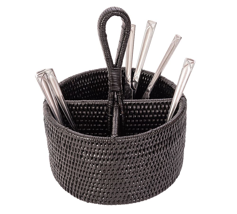Pottery Barn Tava Handwoven Rattan Round Flatware Caddy