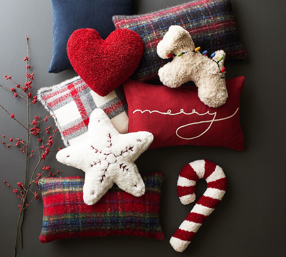 Pottery Barn Cozy Teddy Faux Fur Candy Cane Shaped Pillow