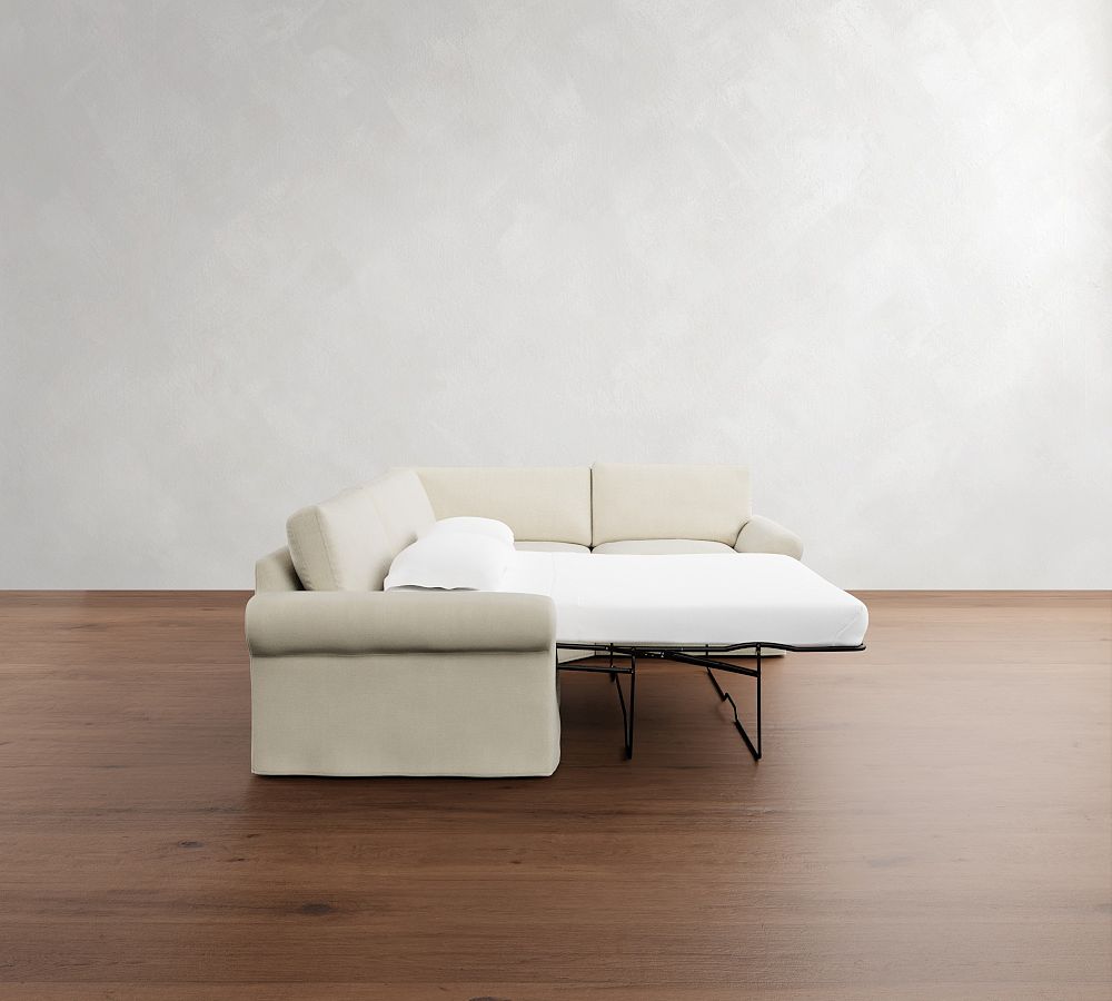 Pottery Barn PB Comfort Modern Roll Arm Slipcovered 3-Piece Wedge Sleeper Sectional (121")