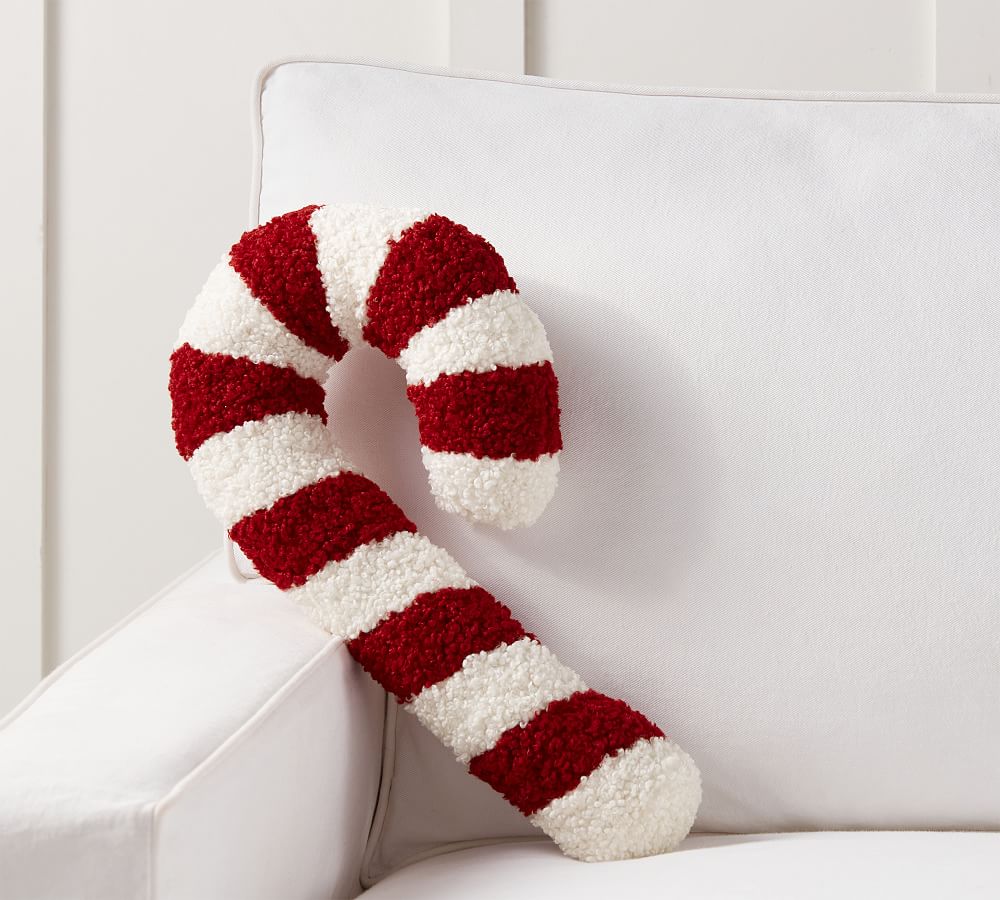 Pottery Barn Cozy Teddy Faux Fur Candy Cane Shaped Pillow