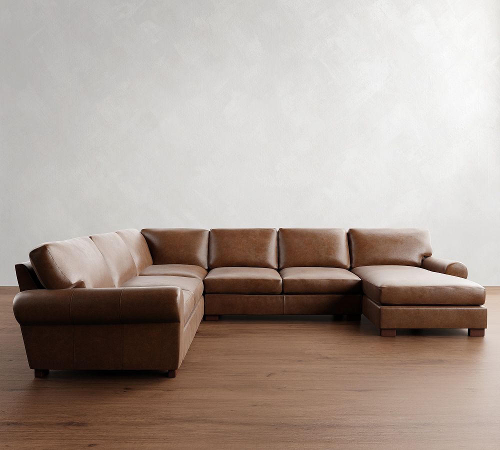 Pottery Barn Turner Roll Arm Leather 4-Piece Chaise Sectional (140"-144")