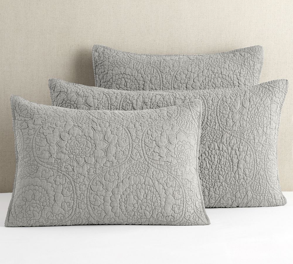 Pottery Barn Belgian Flax Linen Floral Stitch Quilt